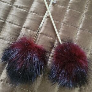 Genuine Burgundy/Black Ombre Mink Pom Pom Ball Dangle Earrings